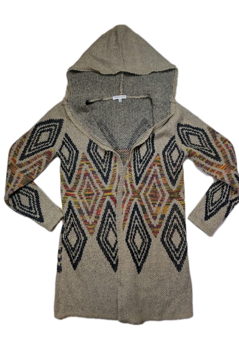 Woven Heart Hooded Open Cardigan Sweater Small Beige Aztec Tribal Boho